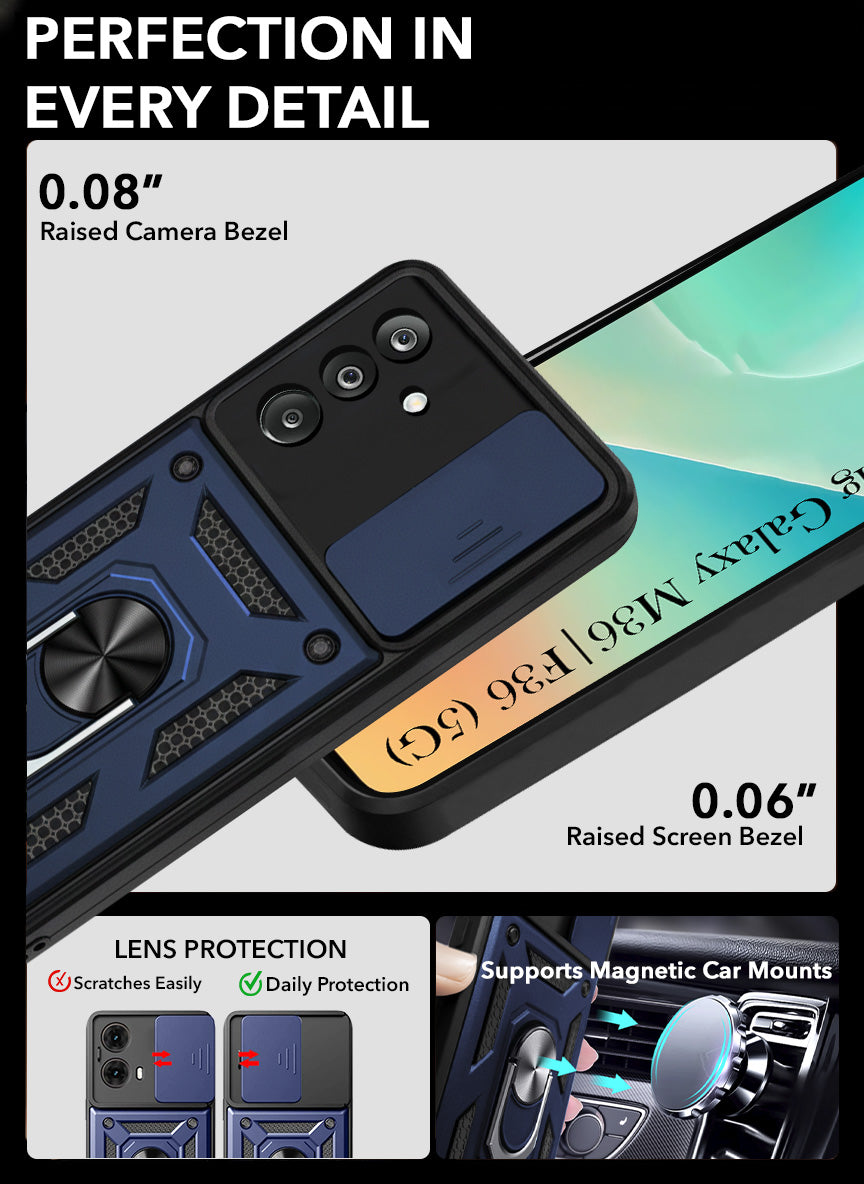 For Samsung Galaxy M36 | Samsung Galaxy F36 Back Cover Case Hybrid Armor (Sliding Shutter Camera Protection | Polycarbonate |Ring Holder Kickstand)