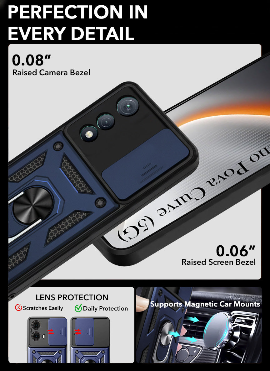 For Tecno Pova Curve Back Cover Case  Hybrid Armor (Sliding Shutter Camera Protection | Polycarbonate |Ring Holder Kickstand)