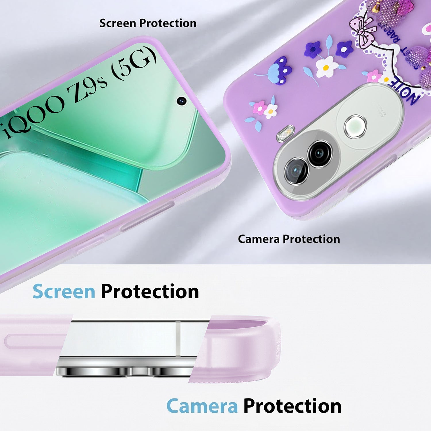 For Vivo iQOO Z9s Back Cover Case (3D Cute Heart Strap Holder | Camera Protection | Designer Girls Print)