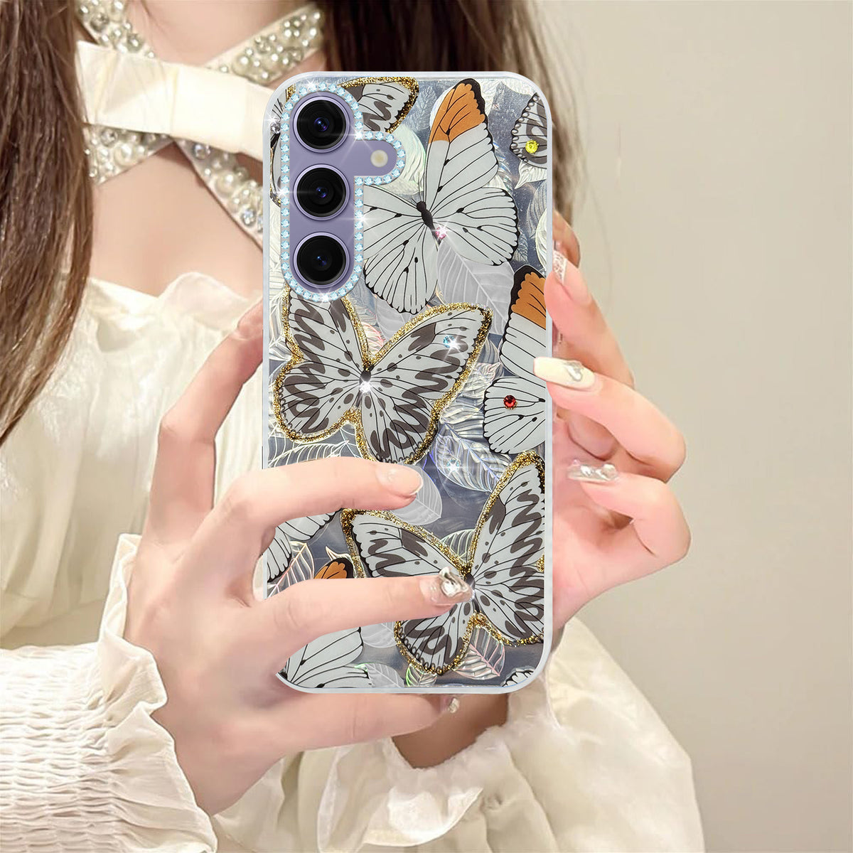 For Samsung Galaxy S24 Back Cover Case (Luxury Floral Glitter Cute Butterfly | Diamond Studded Camera Bump | Girls & Women Design)