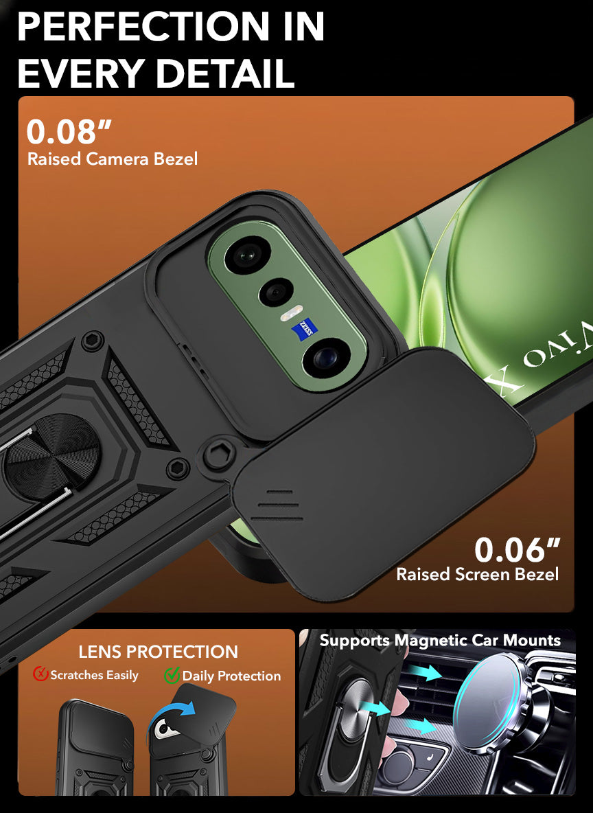 For Vivo X300 FE Back Cover Case Hybrid Armor (Sliding Shutter Camera Protection | Polycarbonate |Ring Holder Kickstand)