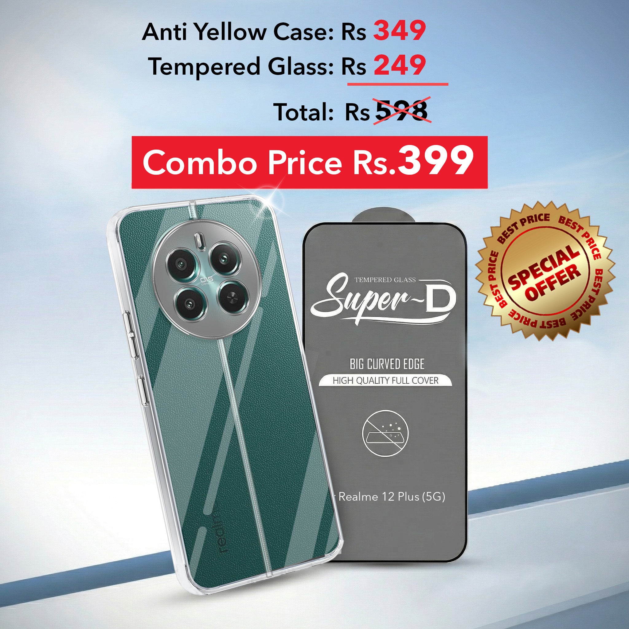 For Realme 12 Plus Combo with Back Cover and 9H Tempered Glass (Lifetime Anti-Yellow | Sleek Hard Crystal | Oleophobic Coating Screen Glass)