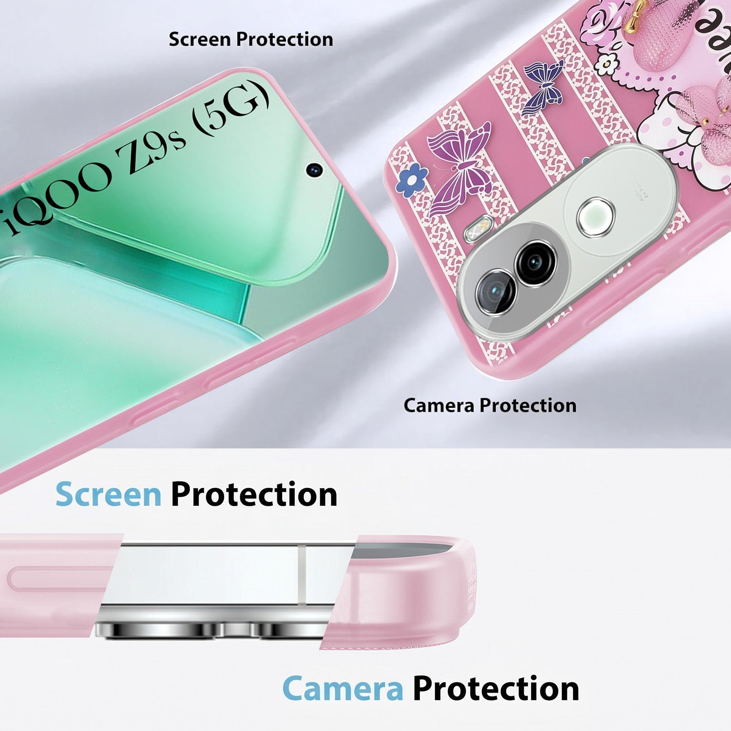 For Vivo iQOO Z9s Back Cover Case (3D Cute Heart Strap Holder | Camera Protection | Designer Girls Print)
