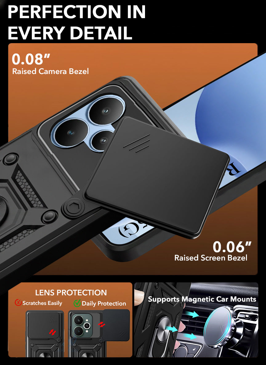 For Realme P4 Back Cover Case Hybrid Armor (Sliding Shutter Camera Protection | Polycarbonate |Ring Holder Kickstand)