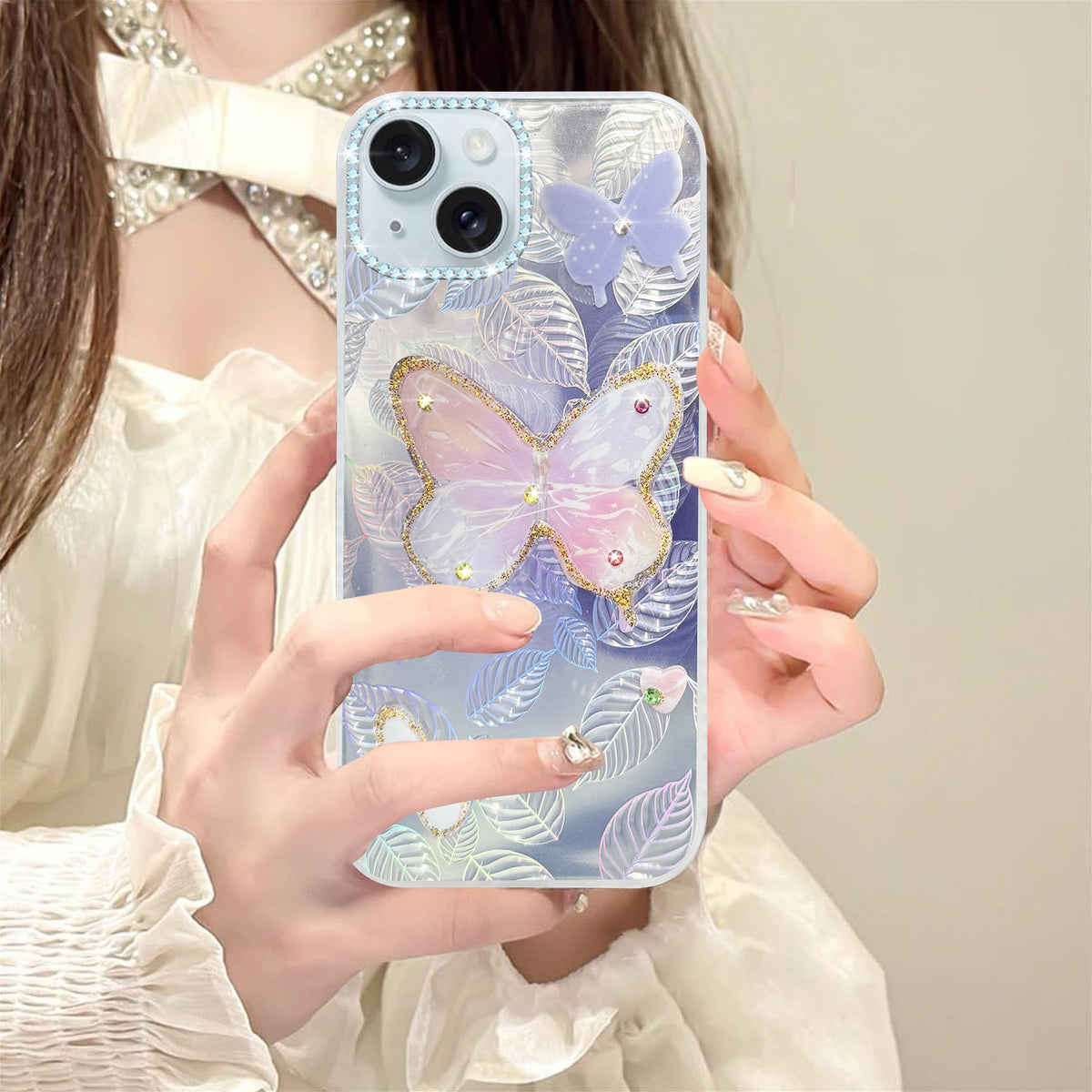 For Apple iPhone 15 Back Cover Case (Luxury Floral Glitter Cute Butterfly | Diamond Studded Camera Bump | Girls & Women Design)