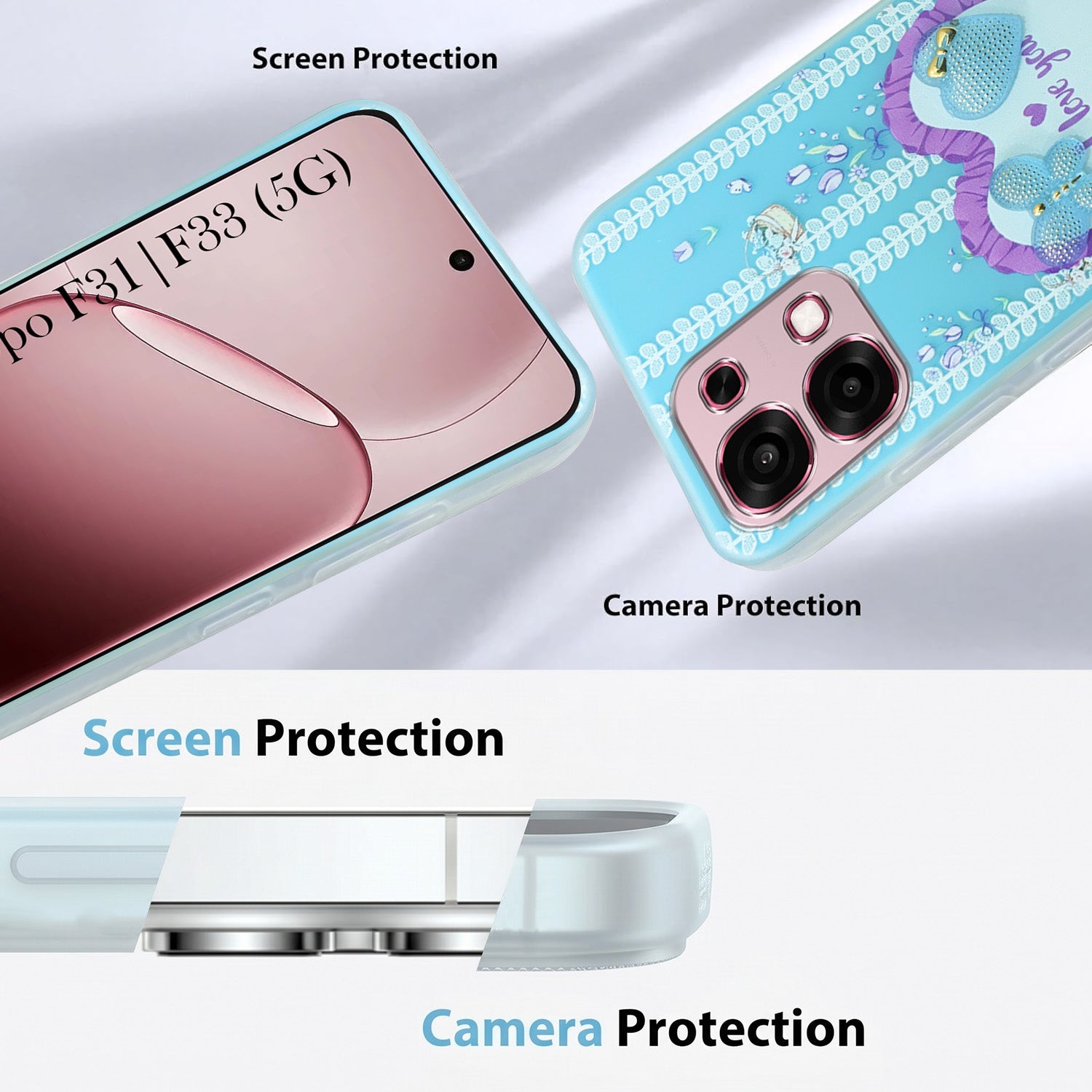 For Oppo F31 5G | Oppo F33 5G Back Cover Case (3D Cute Heart Strap Holder | Camera Protection | Designer Girls Print)