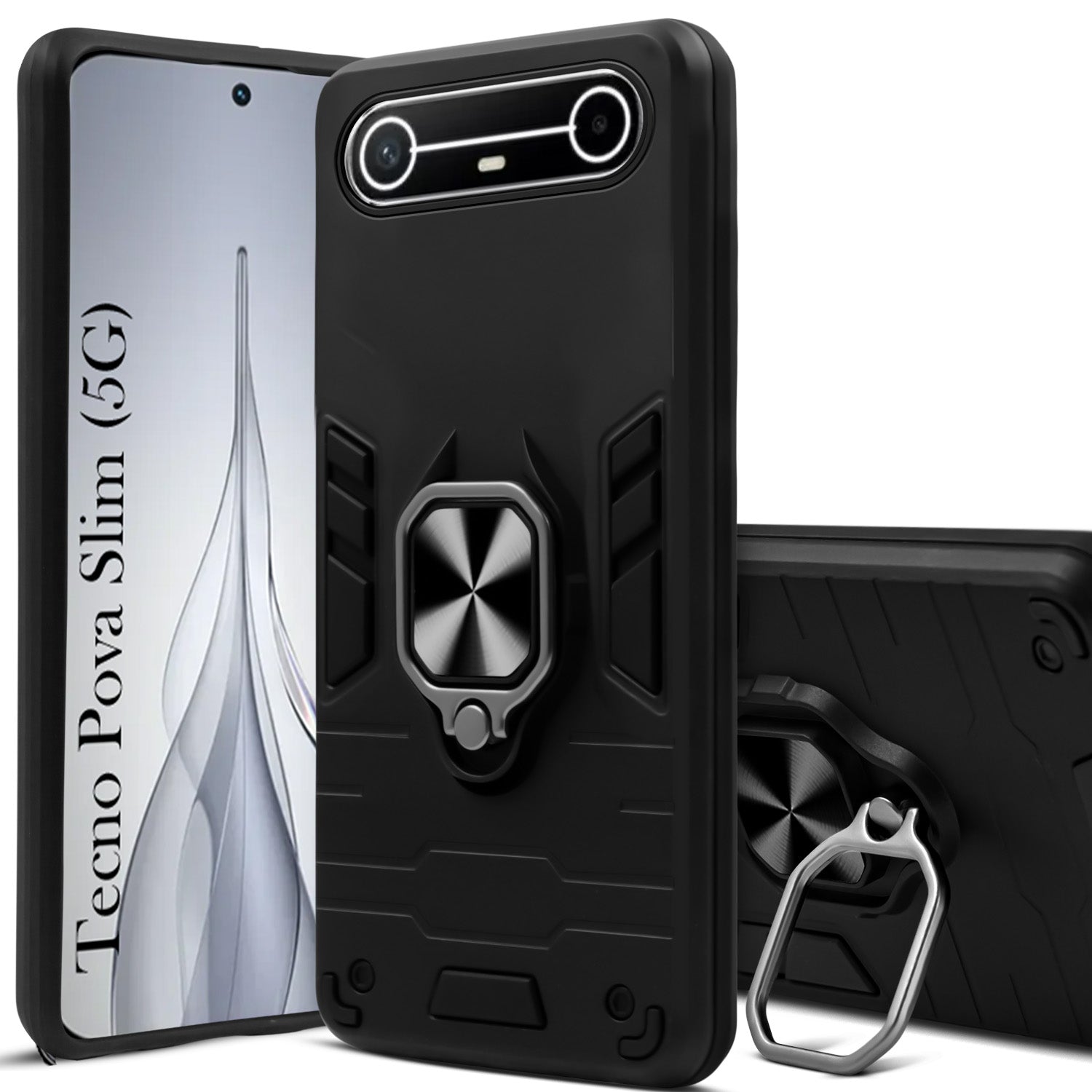 For Tecno Pova Slim Back Cover Case Hybrid Armor (Shockproof Dual Layer Polycarbonate |Ring Holder Kickstand)