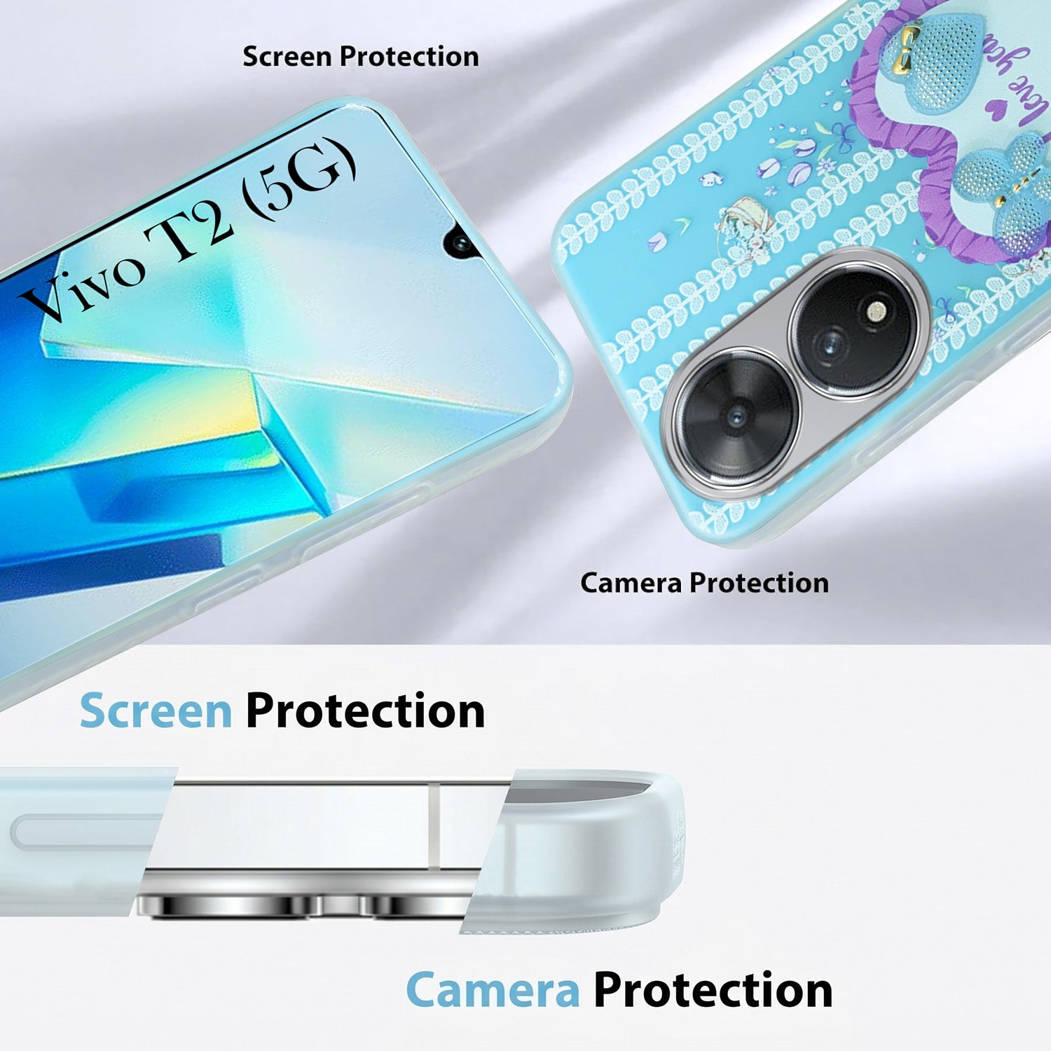 For Vivo T2 Back Cover Case (3D Cute Heart Strap Holder | Camera Protection | Designer Girls Print)