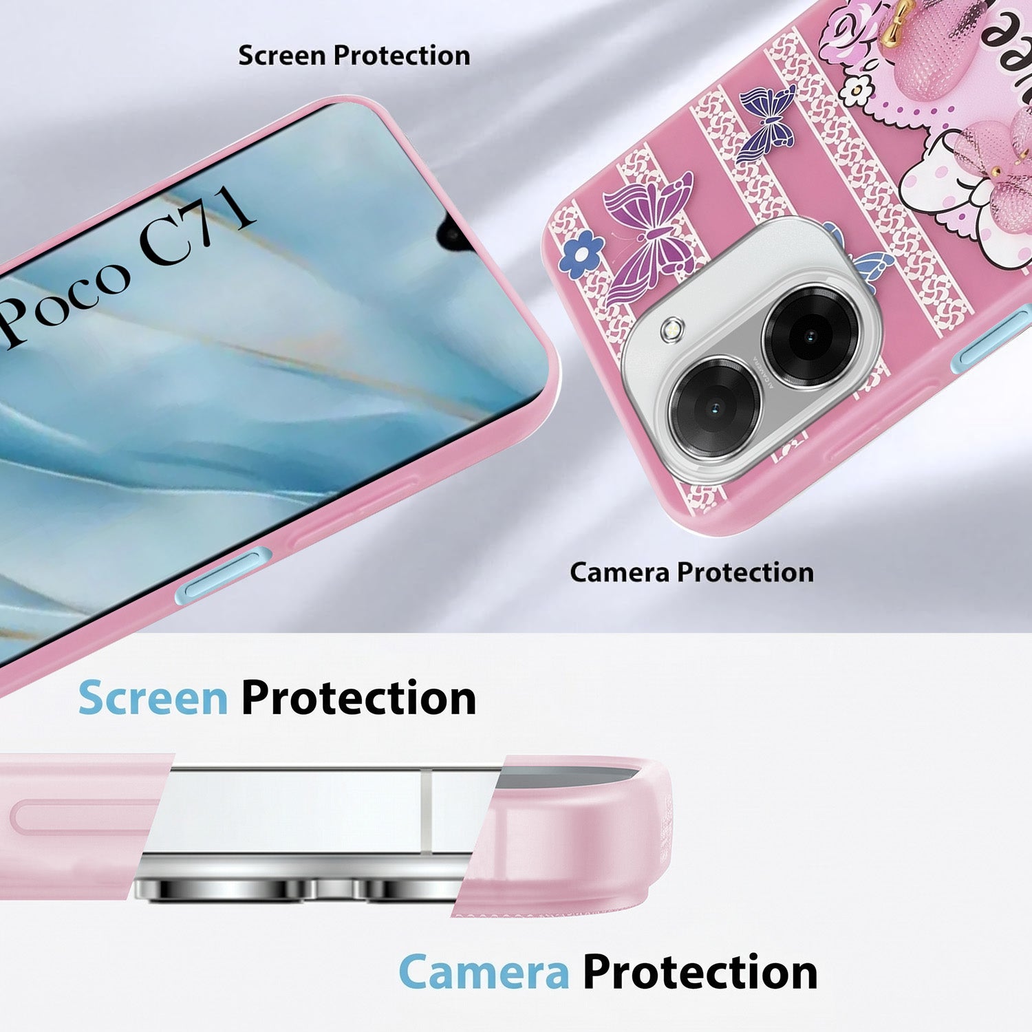 For Poco C71 Back Cover Case (3D Cute Heart Strap Holder | Camera Protection | Designer Girls Print)