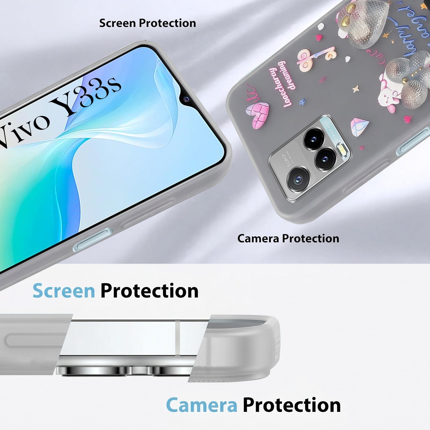 For Vivo Y33s Back Cover Case (3D Cute Heart Strap Holder | Camera Protection | Designer Girls Print)