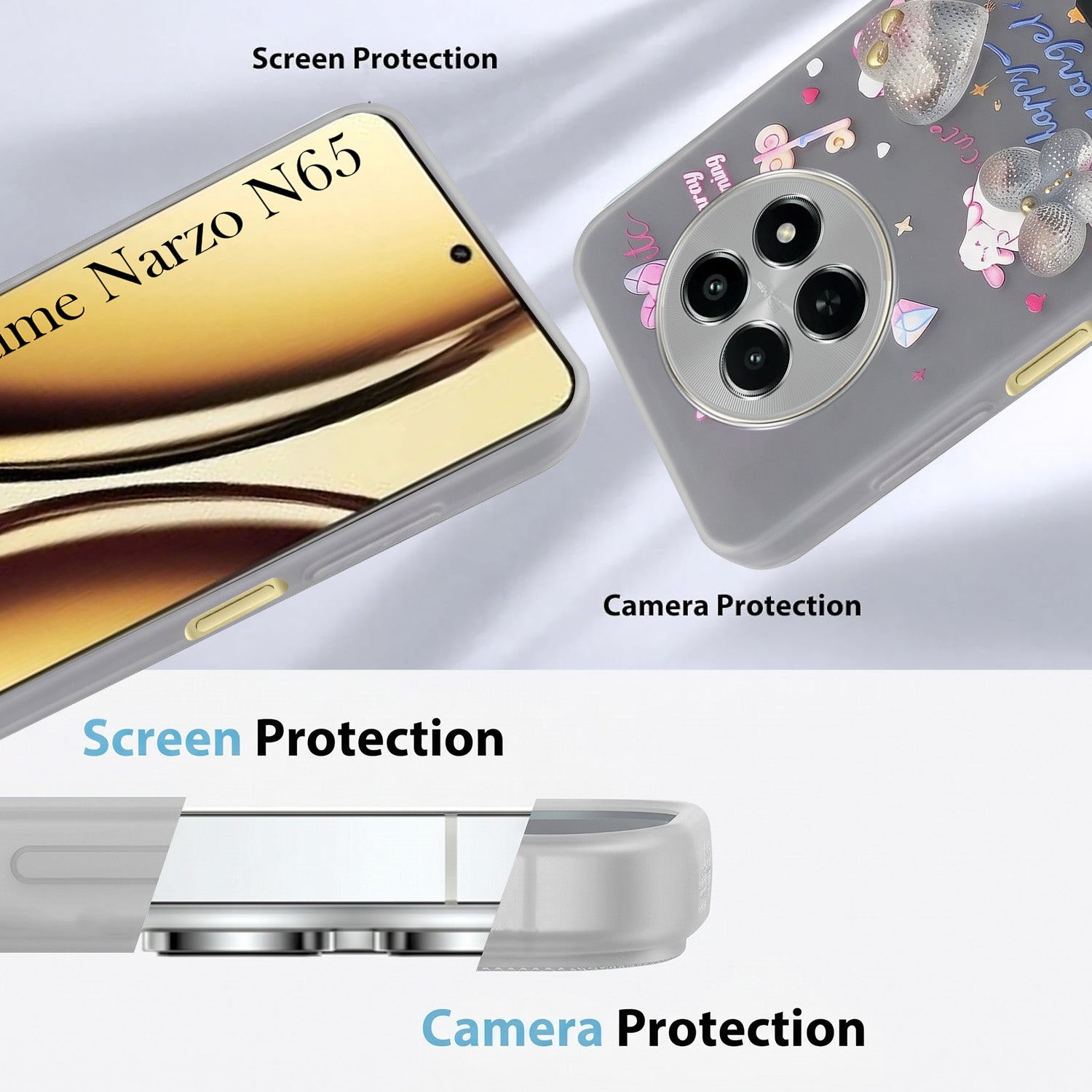 For Realme Narzo N65 5G Back Cover Case (3D Cute Heart Strap Holder | Camera Protection | Designer Girls Print)