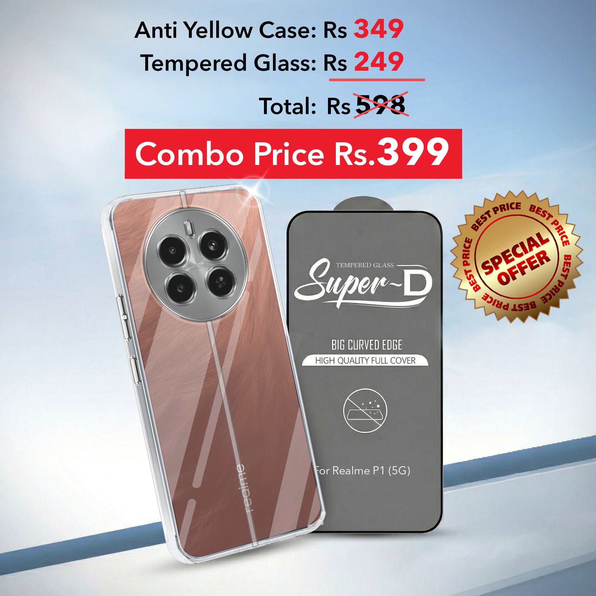 For Realme P1 5G Combo with Back Cover and 9H Tempered Glass (Lifetime Anti-Yellow | Sleek Hard Crystal | Oleophobic Coating Screen Glass)