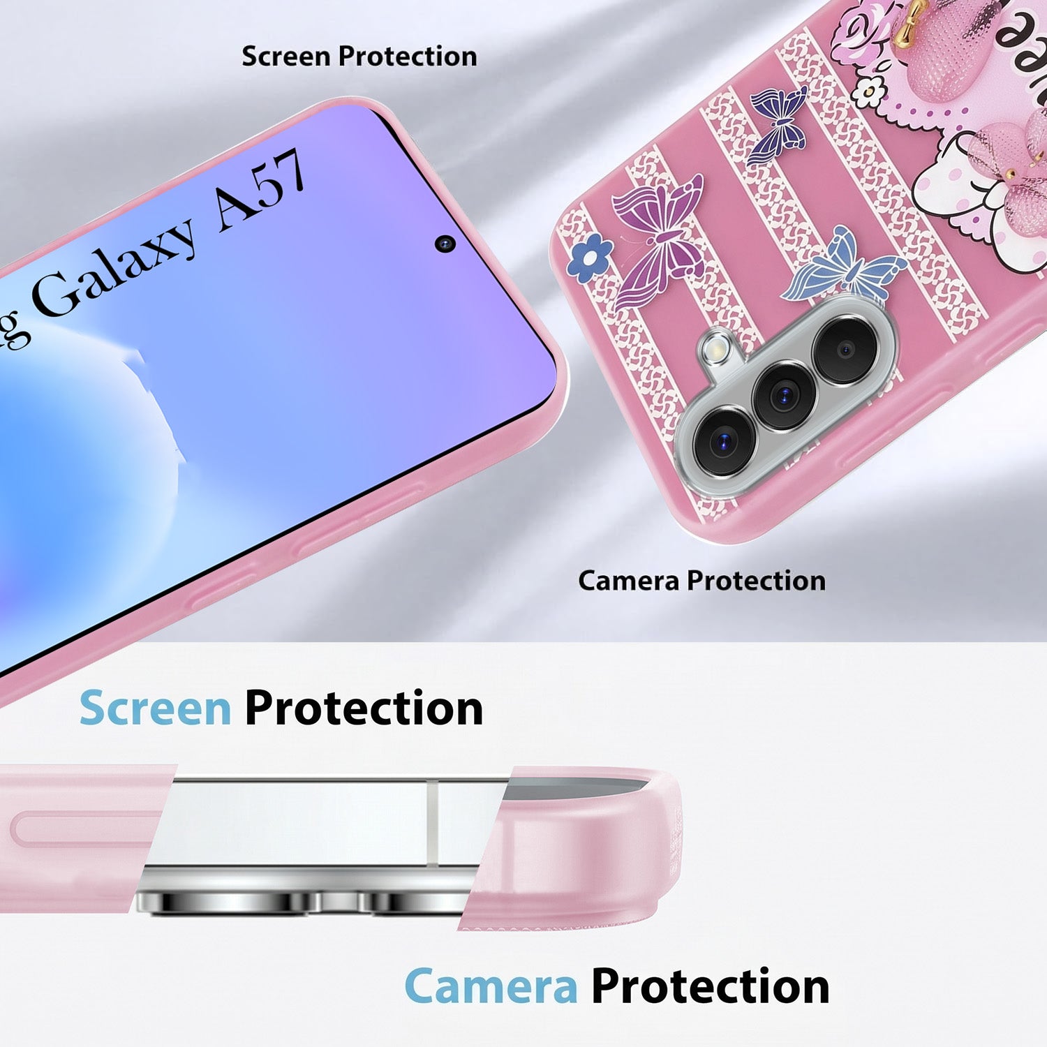 For Samsung Galaxy A57 Back Cover Case (3D Cute Heart Strap Holder | Camera Protection | Designer Girls Print)