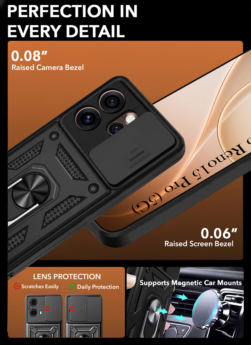 For Oppo Reno15 Pro 5G | Oppo Reno 15 Pro 5G Back Cover Case Hybrid Armor (Sliding Shutter Camera Protection | Polycarbonate |Ring Holder Kickstand)