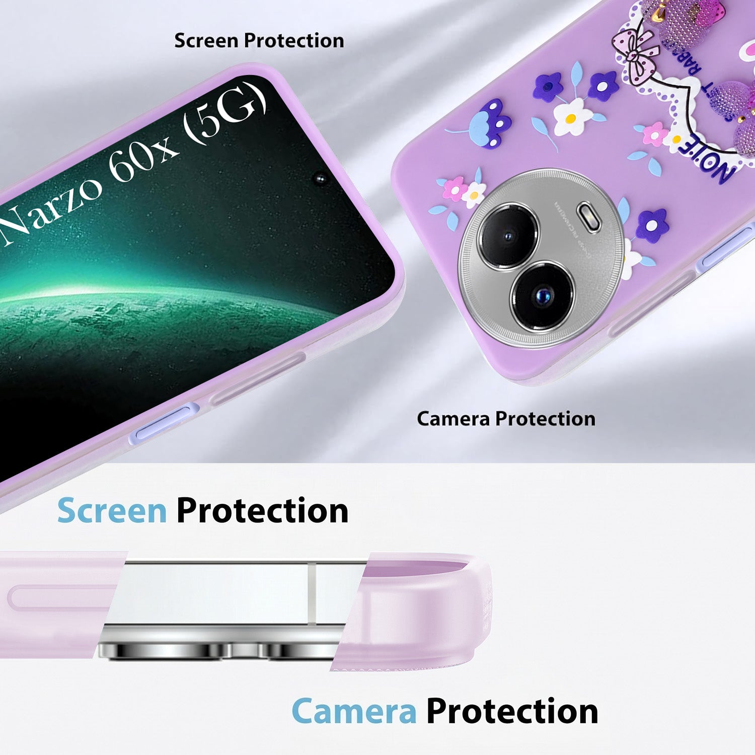 For Realme Narzo 60x Back Cover Case (3D Cute Heart Strap Holder | Camera Protection | Designer Girls Print)