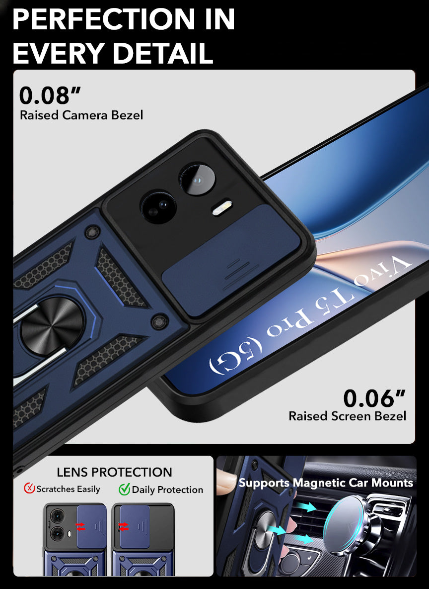 For Vivo T5 Pro 5G Back Cover Case Hybrid Armor (Sliding Shutter Camera Protection | Polycarbonate |Ring Holder Kickstand)