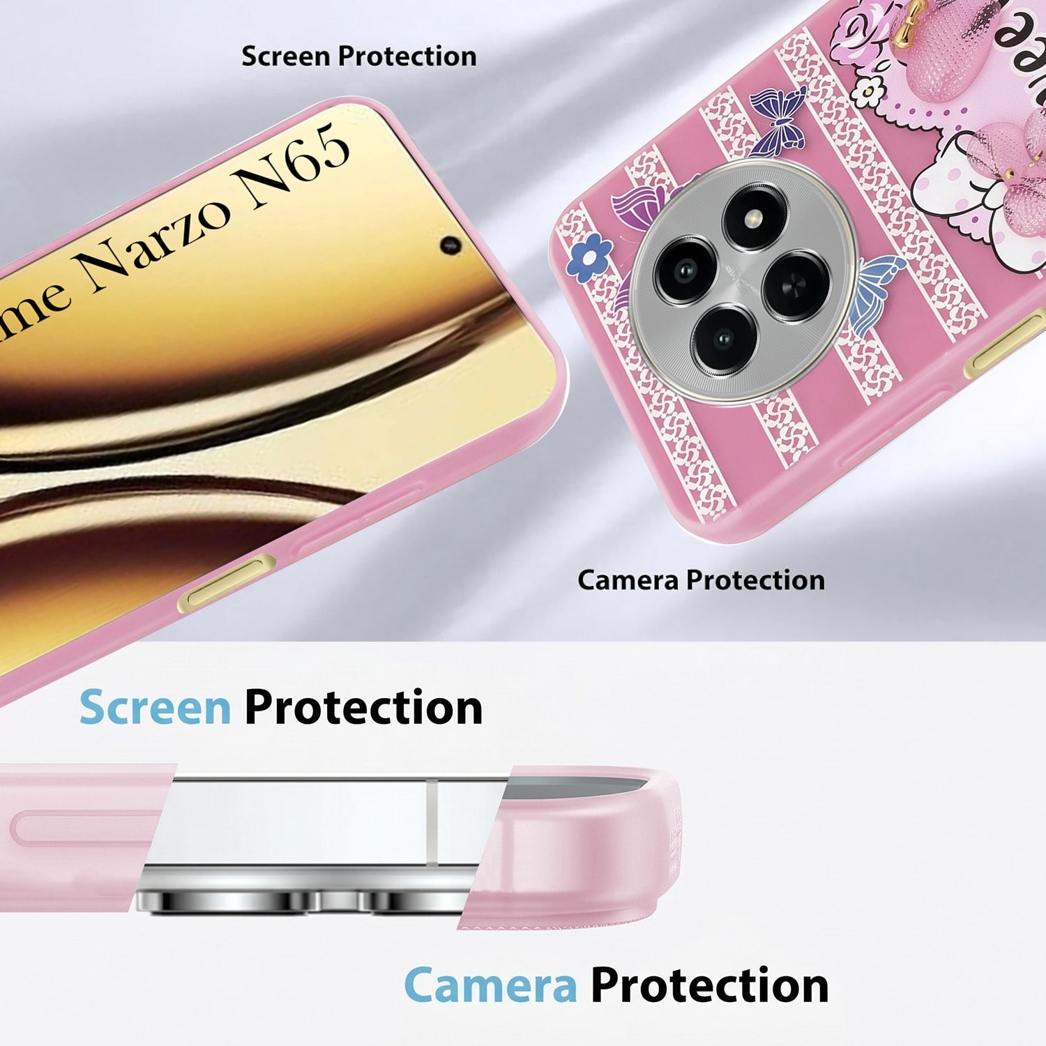 For Realme Narzo N65 5G Back Cover Case (3D Cute Heart Strap Holder | Camera Protection | Designer Girls Print)