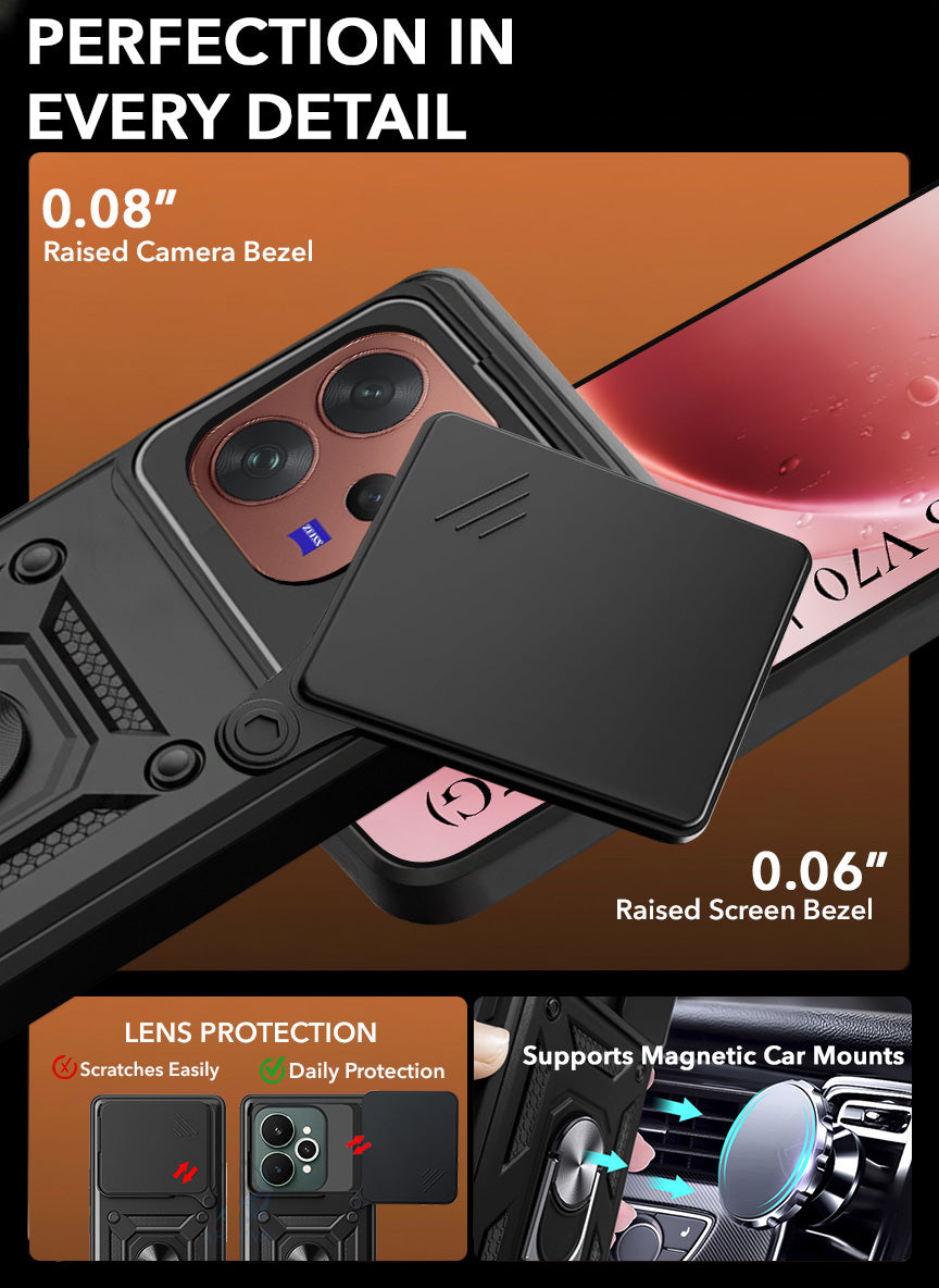 For Vivo V70 | Vivo V70 Elite 5G Back Cover Case Hybrid Armor (Sliding Shutter Camera Protection | Polycarbonate |Ring Holder Kickstand)