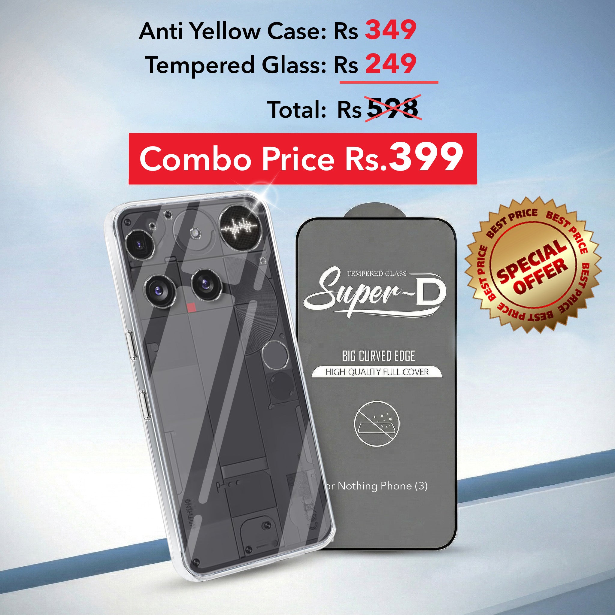 For Nothing Phone 3 Combo with Back Cover and 9H Tempered Glass (Lifetime Anti-Yellow | Sleek Hard Crystal | Oleophobic Coating Screen Glass)