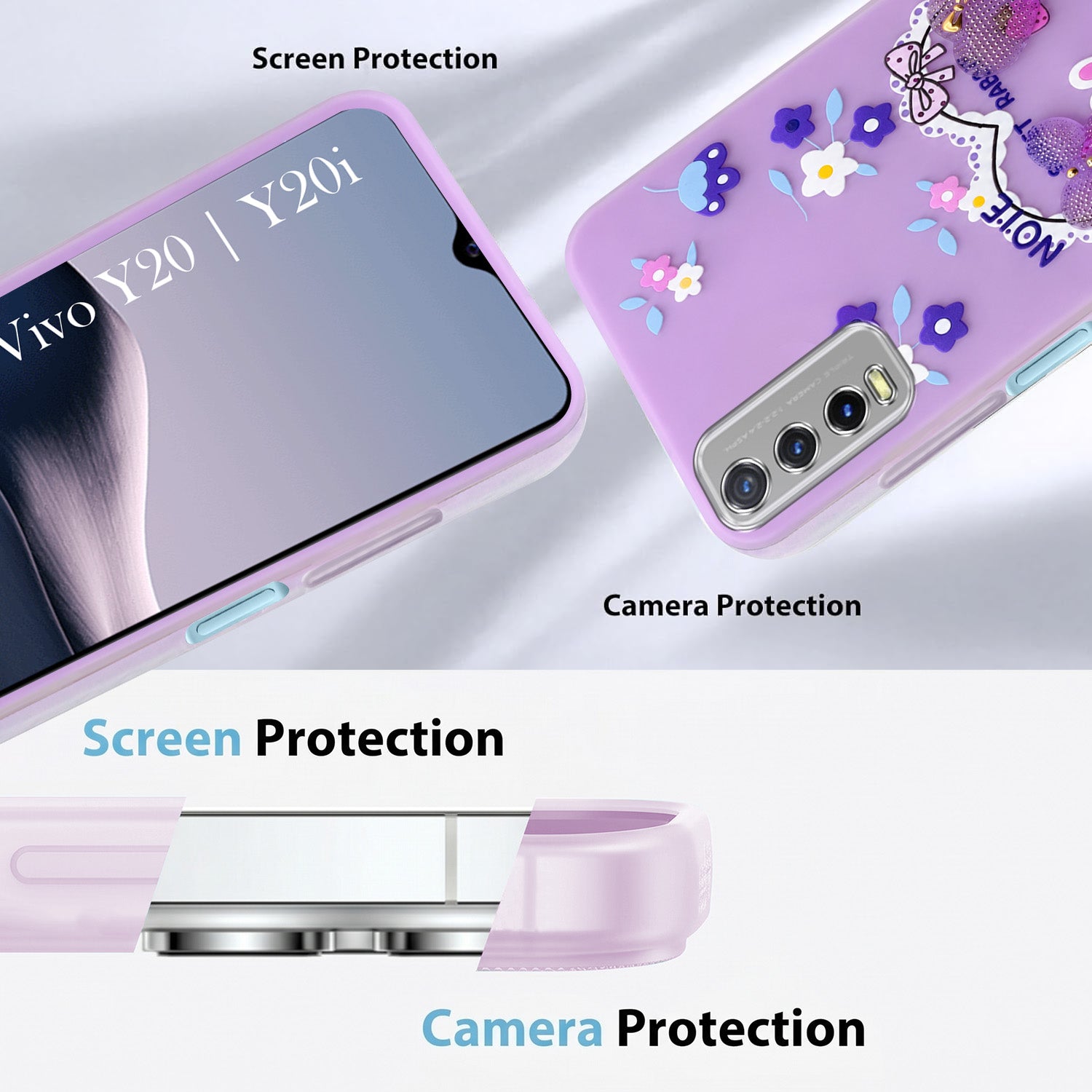 For Vivo Y20 | Y20i  Back Cover Case (3D Cute Heart Strap Holder | Camera Protection | Designer Girls Print)
