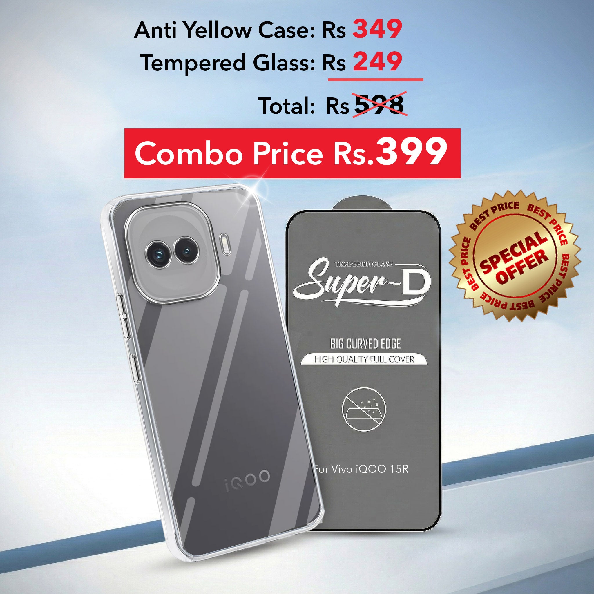For Vivo iQOO 15R 5G Combo with Back Cover and 9H Tempered Glass (Lifetime Anti-Yellow | Sleek Hard Crystal | Oleophobic Coating Screen Glass)