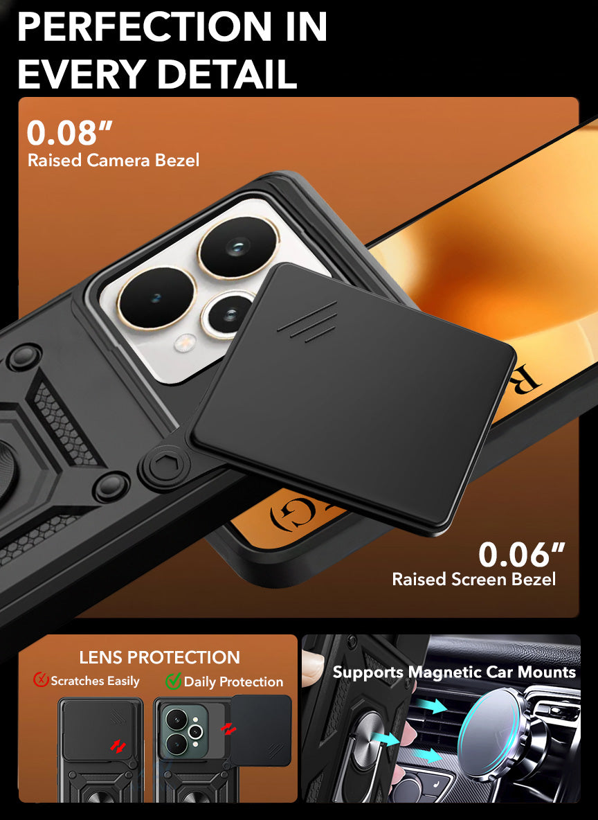 For Realme 15 Back Cover Case (Sliding Shutter Camera Protection | Polycarbonate |Ring Holder Kickstand)