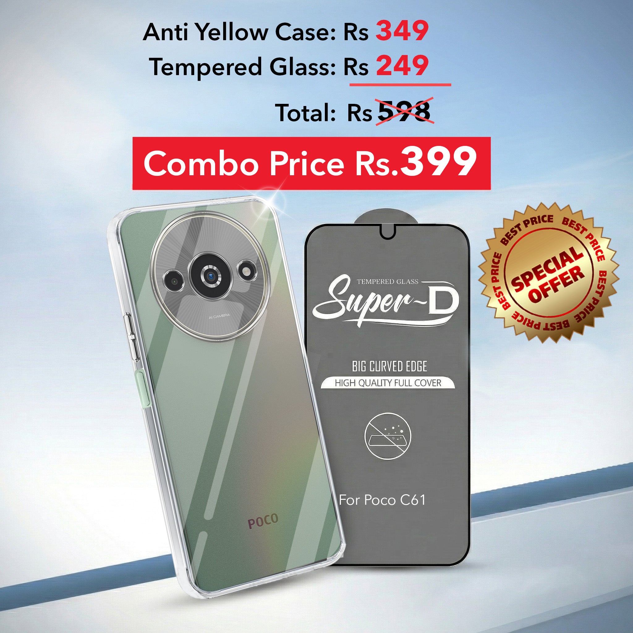 For Xiaomi Poco C61 Combo with Back Cover and 9H Tempered Glass (Lifetime Anti-Yellow | Sleek Hard Crystal | Oleophobic Coating Screen Glass)