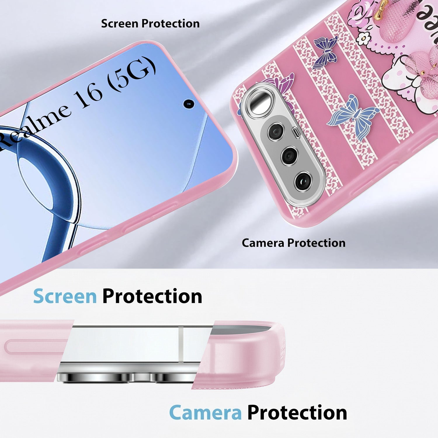 For Realme 16 Back Cover Case (3D Cute Heart Strap Holder | Camera Protection | Designer Girls Print)