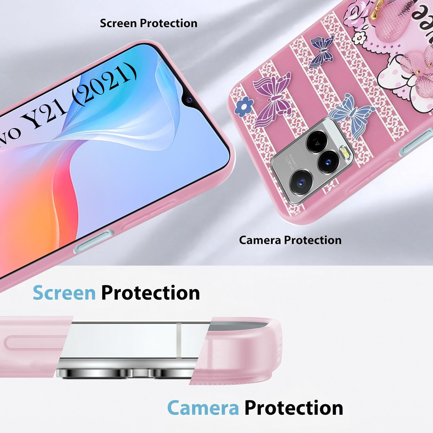 For Vivo Y21 (2021) Back Cover Case (3D Cute Heart Strap Holder | Camera Protection | Designer Girls Print)