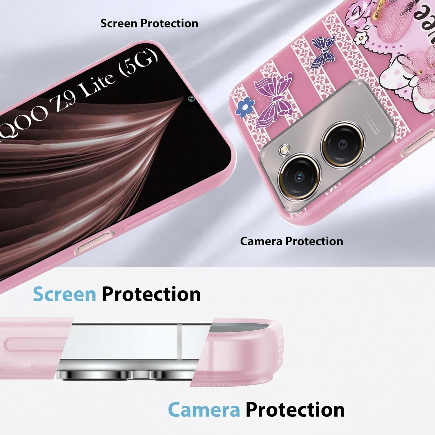 For Vivo iQOO Z9 Lite 5G Back Cover Case (3D Cute Heart Strap Holder | Camera Protection | Designer Girls Print)