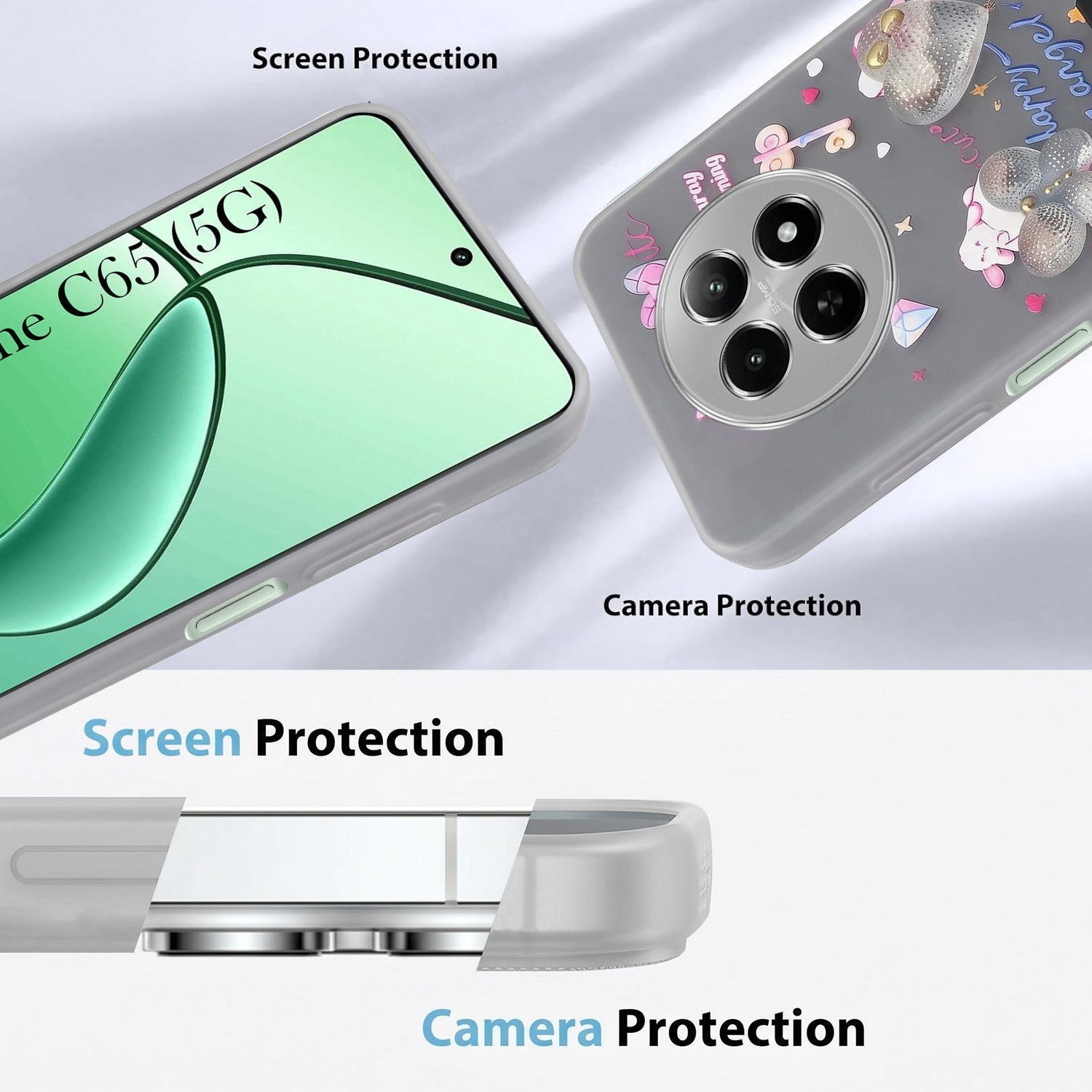 For Realme C65 5G Back Cover Case (3D Cute Heart Strap Holder | Camera Protection | Designer Girls Print)