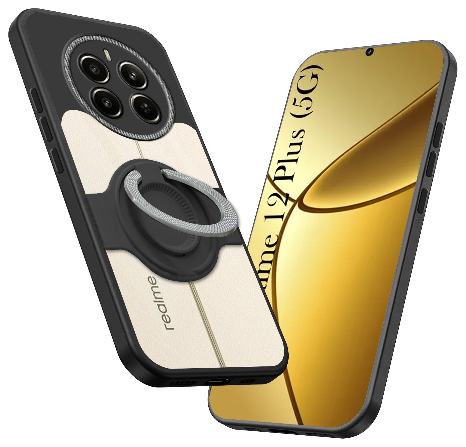 For Realme 12 Plus Back Cover Case with stand (Built-in Ring Holder Kickstand | Lifetime Anti Yellow | Camera Protection)