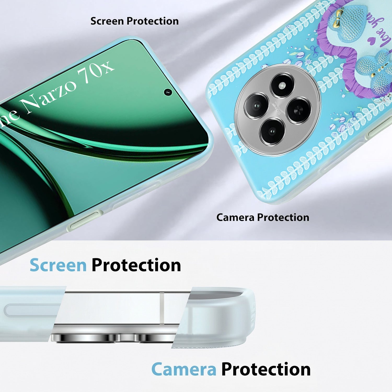 For Realme Narzo 70x 5G Back Cover Case (3D Cute Heart Strap Holder | Camera Protection | Designer Girls Print)