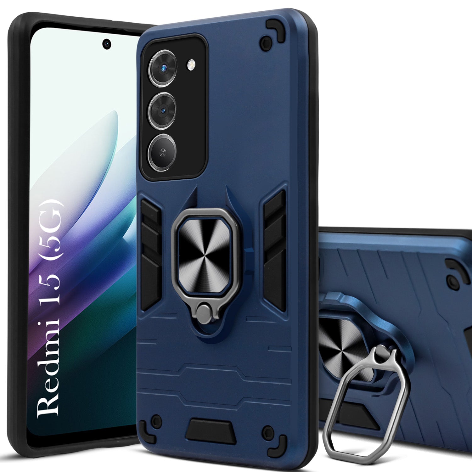 For Redmi 15 Back Cover Case (Shockproof Dual Layer Polycarbonate |Ring Holder Kickstand)