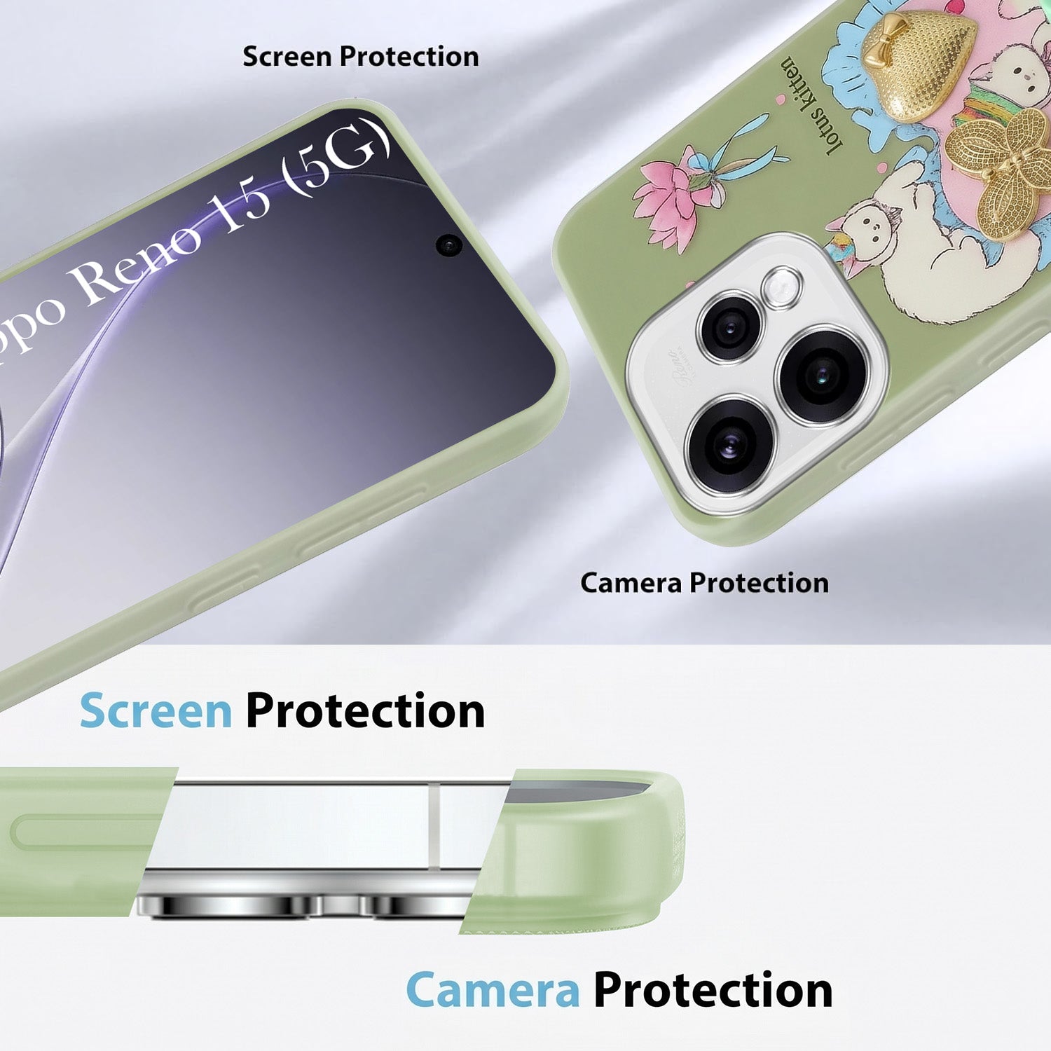 For Oppo Reno15 5G Back Cover Case (3D Cute Heart Strap Holder | Camera Protection | Designer Girls Print)