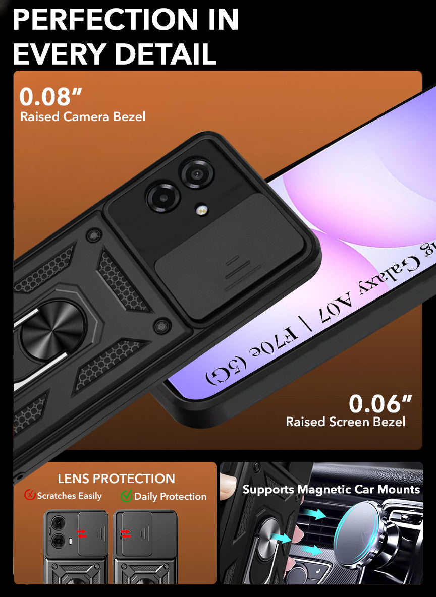 For Samsung Galaxy A07 5G | F70e 5G Back Cover Case Hybrid Armor (Sliding Shutter Camera Protection | Polycarbonate |Ring Holder Kickstand)