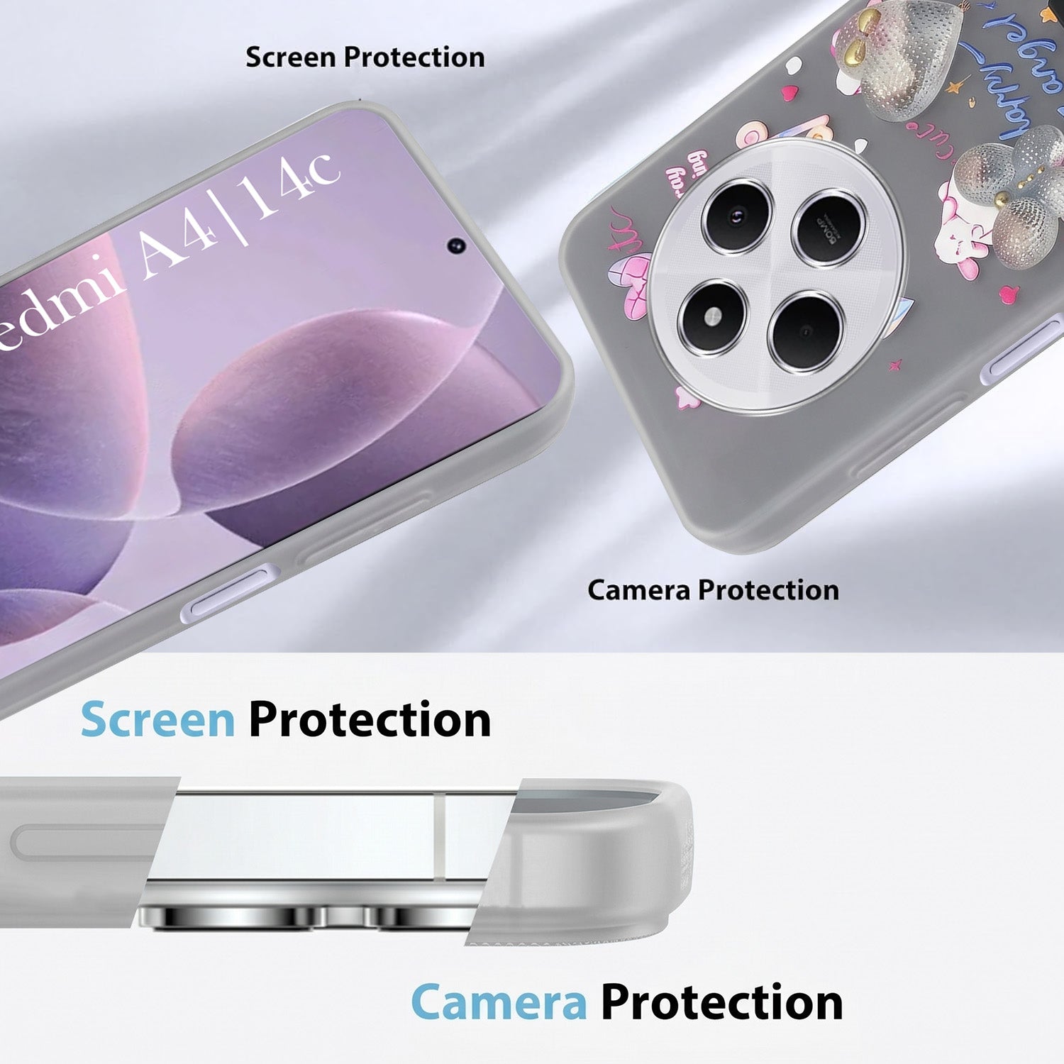 For Redmi A4 5G | Xiaomi Redmi 14C Back Cover Case (3D Cute Heart Strap Holder | Camera Protection | Designer Girls Print)
