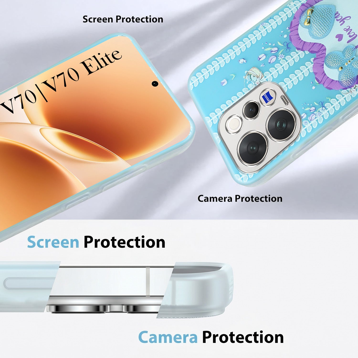For Vivo V70 | Vivo V70 Elite 5G Back Cover Case (3D Cute Heart Strap Holder | Camera Protection | Designer Girls Print)