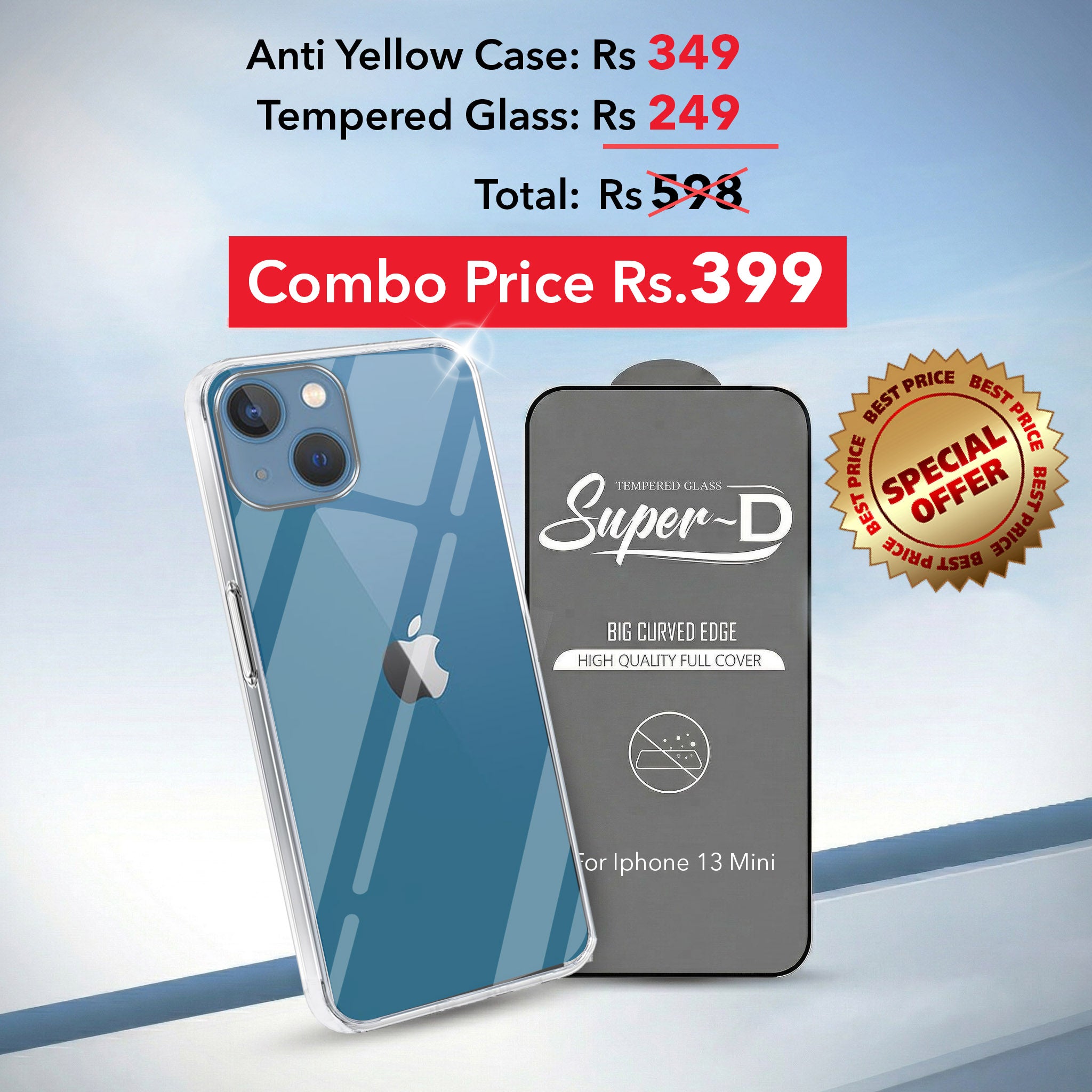 For Apple iPhone 13 Mini Combo with Back Cover and 9H Tempered Glass (Lifetime Anti-Yellow | Sleek Hard Crystal | Oleophobic Coating Screen Glass)
