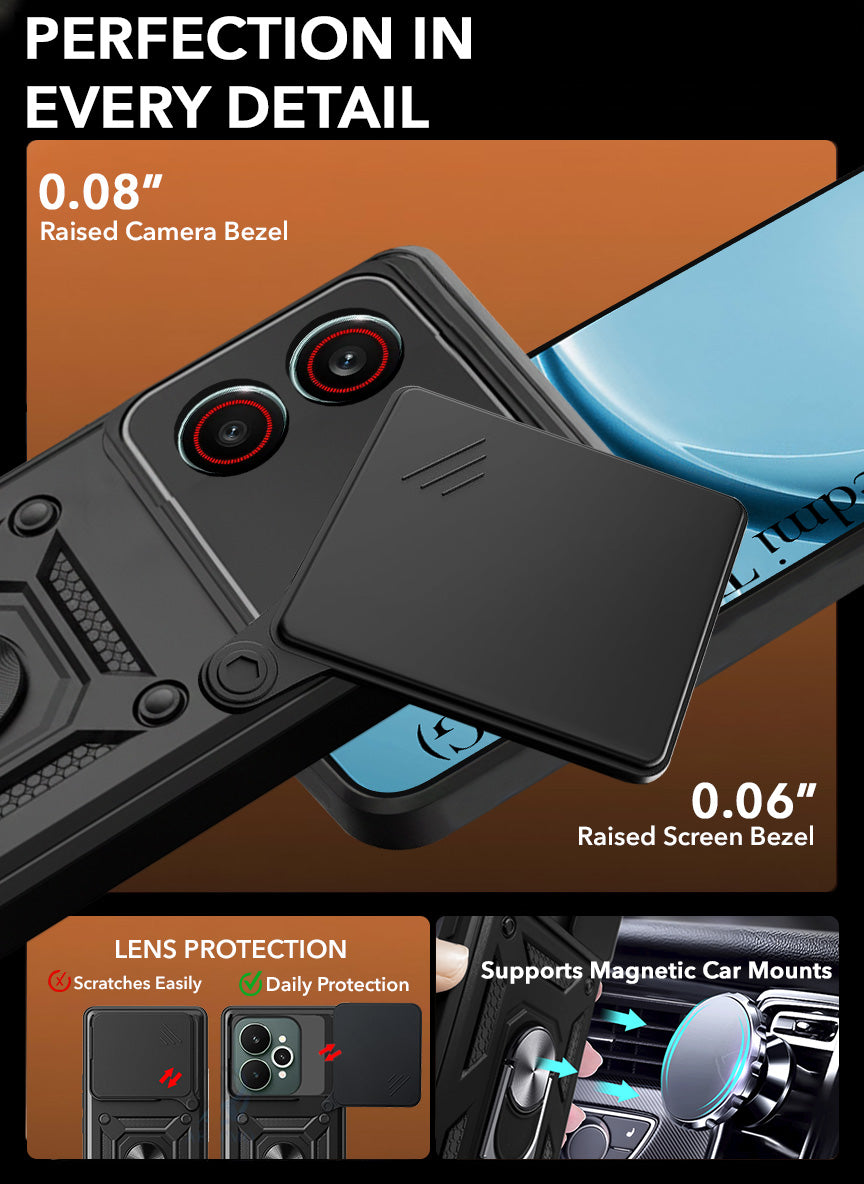 For Redmi Turbo 5 Back Cover Case Hybrid Armor (Sliding Shutter Camera Protection | Polycarbonate |Ring Holder Kickstand)