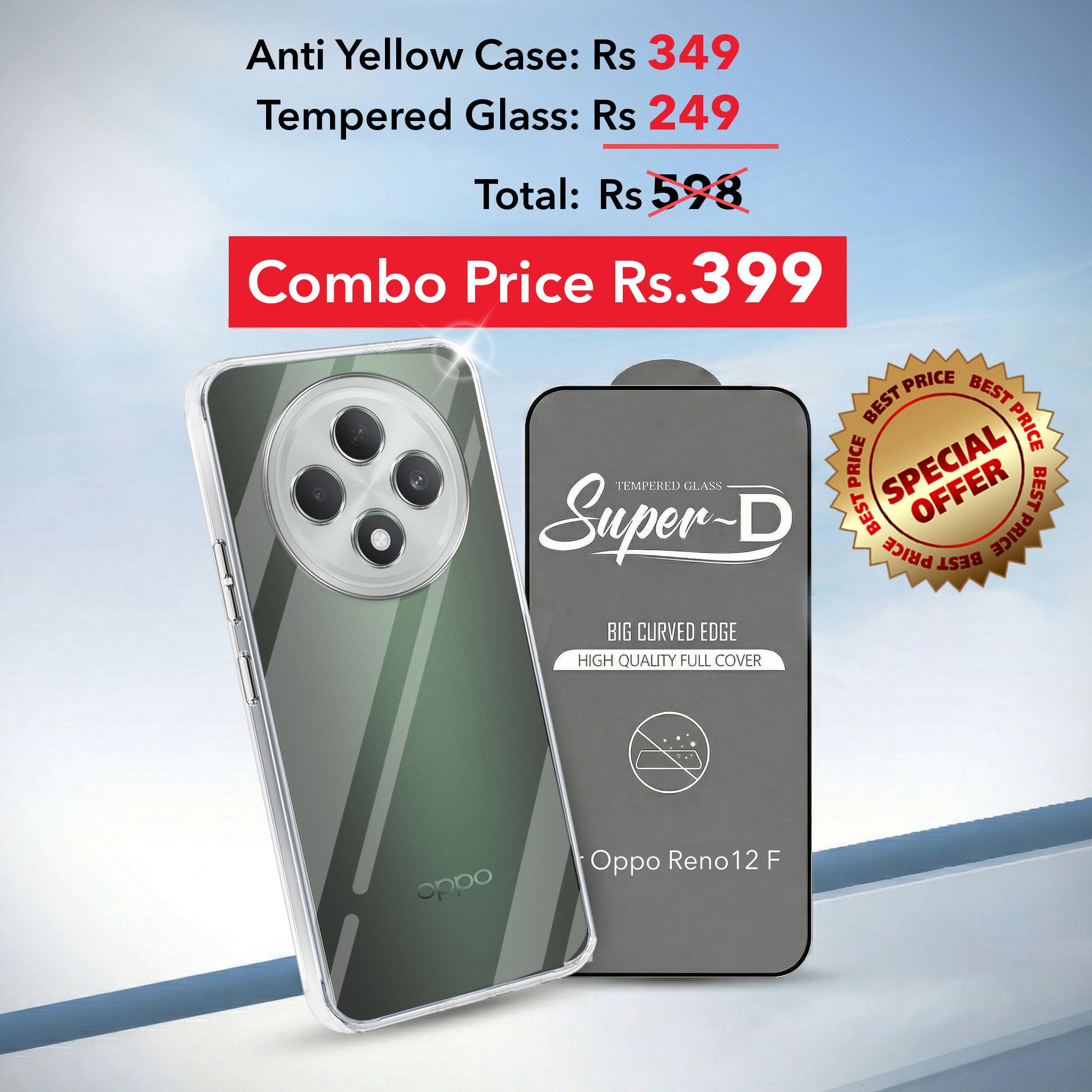 For Oppo Reno 12F Combo with Back Cover and 9H Tempered Glass (Lifetime Anti-Yellow | Sleek Hard Crystal | Oleophobic Coating Screen Glass)