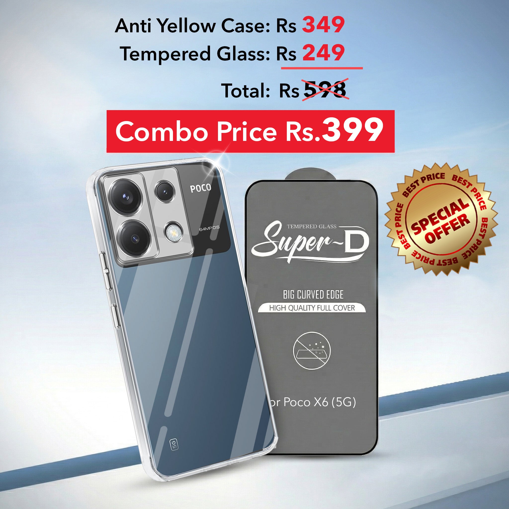 For Poco X6 5G Combo with Back Cover and 9H Tempered Glass (Lifetime Anti-Yellow | Sleek Hard Crystal | Oleophobic Coating Screen Glass)