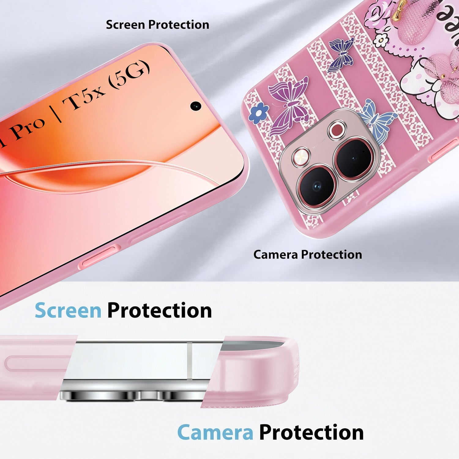 For Vivo Y51 Pro 5G | Vivo T5x Back Cover Case (3D Cute Heart Strap Holder | Camera Protection | Designer Girls Print)