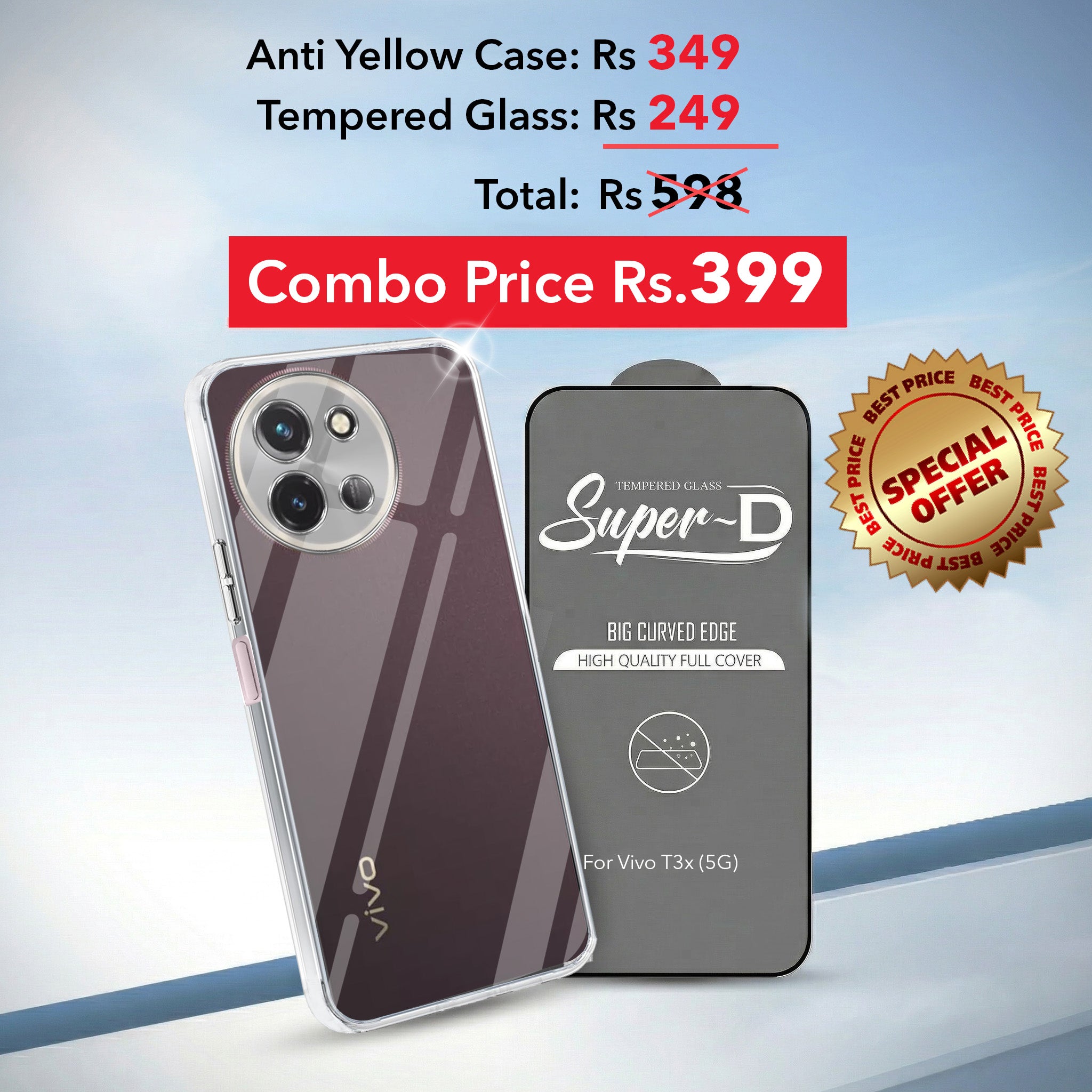 For Vivo T3X 5G Combo with Back Cover and 9H Tempered Glass (Lifetime Anti-Yellow | Sleek Hard Crystal | Oleophobic Coating Screen Glass)