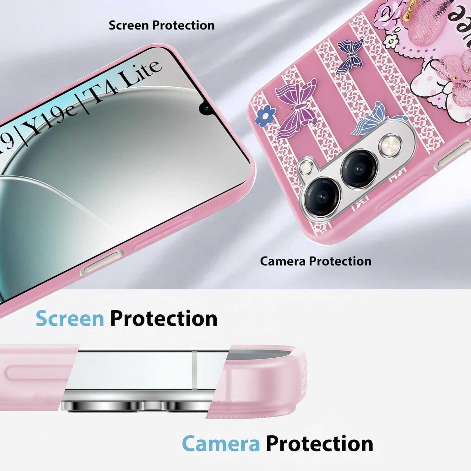For Vivo Y19 | Vivo Y19e | Vivo T4 Lite Back Cover Case (3D Cute Heart Strap Holder | Camera Protection | Designer Girls Print)