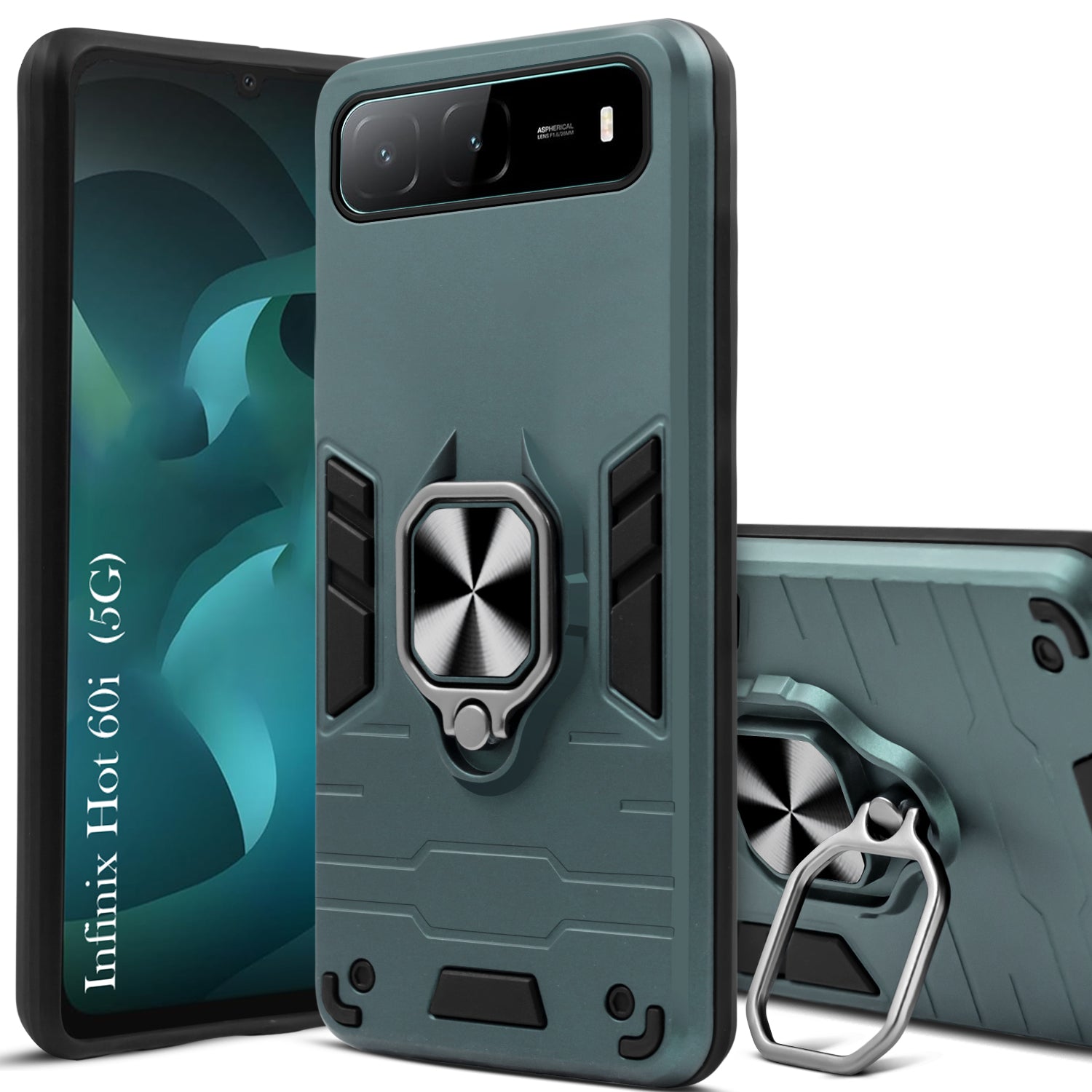 For Infinix Hot 60i 5G Back Cover Case Hybrid Armor (Shockproof Dual Layer Polycarbonate |Ring Holder Kickstand)
