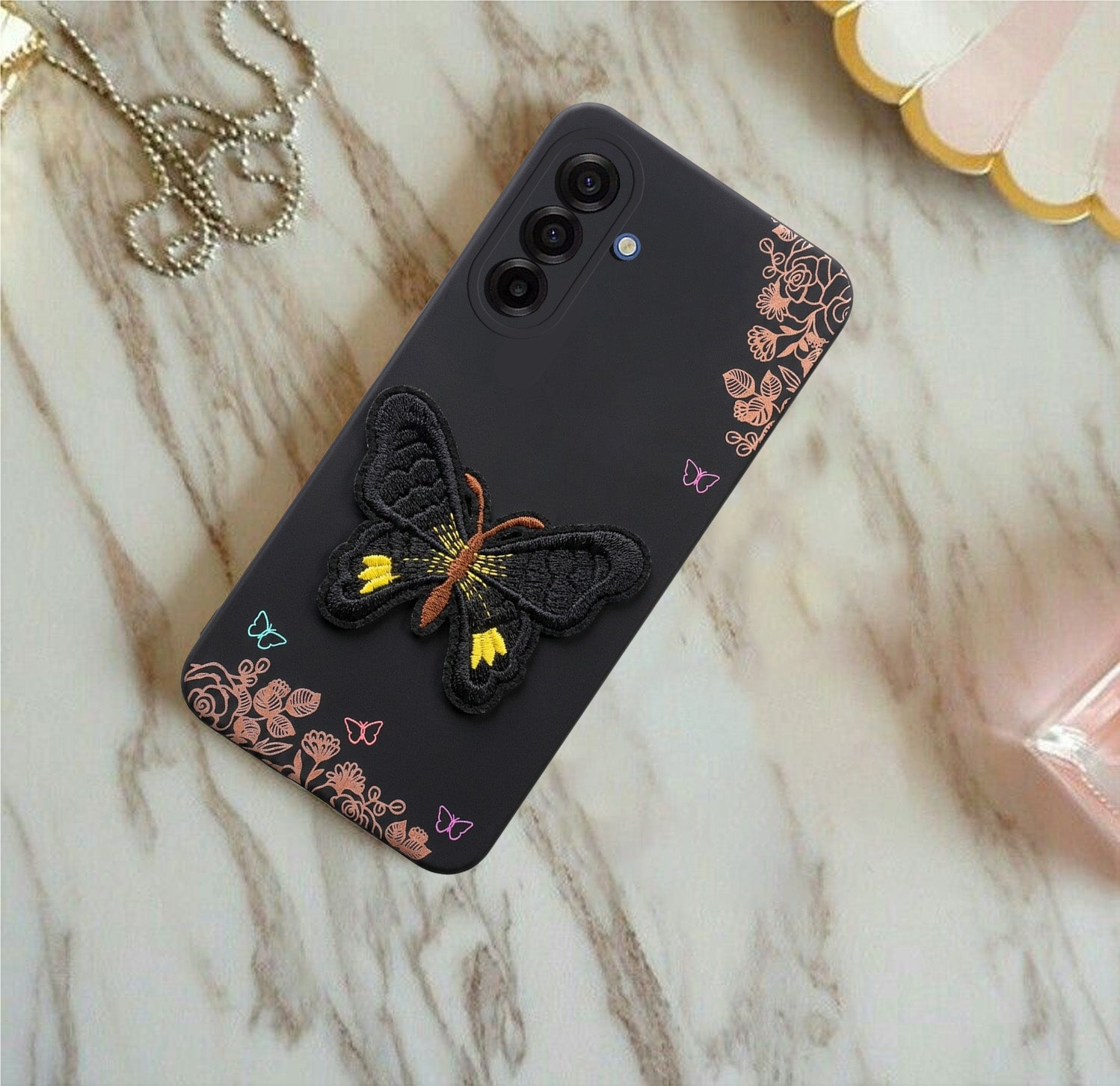 For Samsung Galaxy A17 | Samsung F17 | Samsung M17 5G Back Cover Case (Soft Butterfly Embroidery | Women Teen Girls | Camera Protection| Matte Silicone)