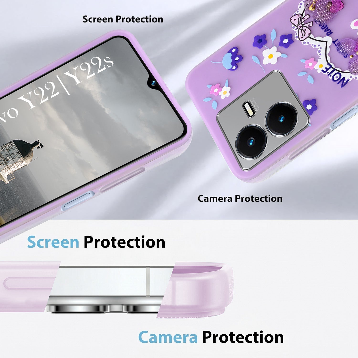For Vivo Y22 | Vivo Y22s Back Cover Case (3D Cute Heart Strap Holder | Camera Protection | Designer Girls Print)