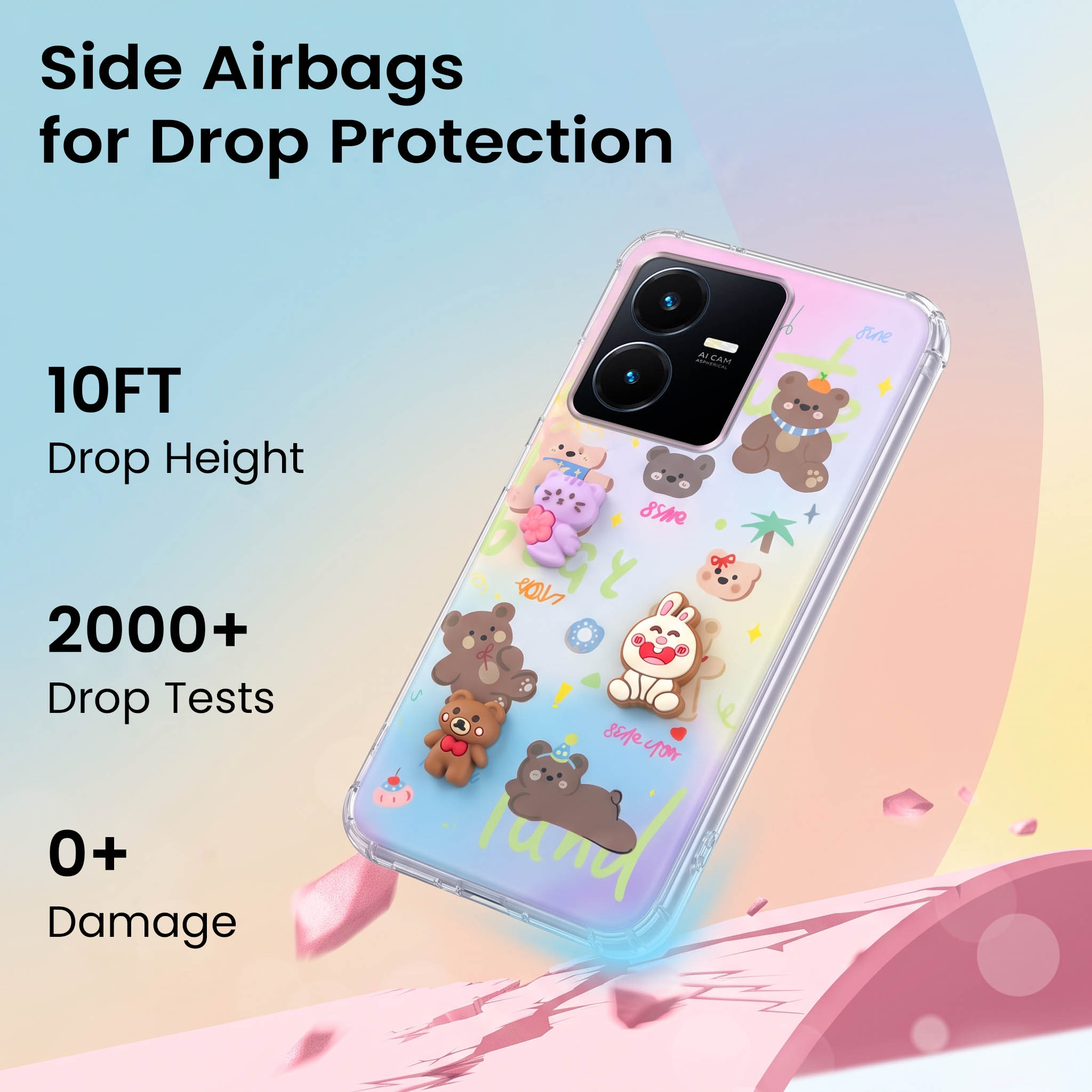 For Vivo Y22 | Vivo Y22s Back Cover Case (3D Cute Cartoons | Hard Back Side Soft | Matte Premium Finish | HD Printing)