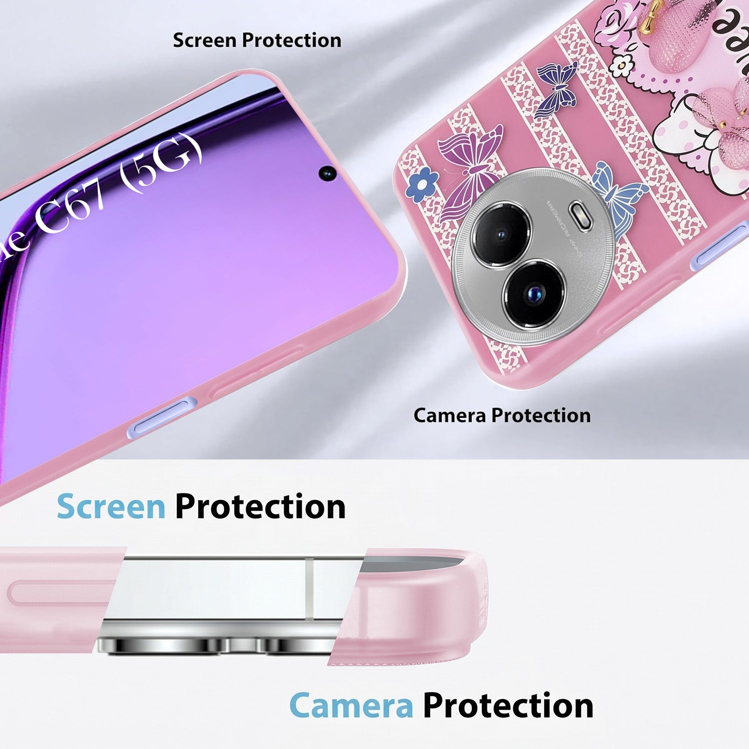 For Realme C67 Back Cover Case (3D Cute Heart Strap Holder | Camera Protection | Designer Girls Print)
